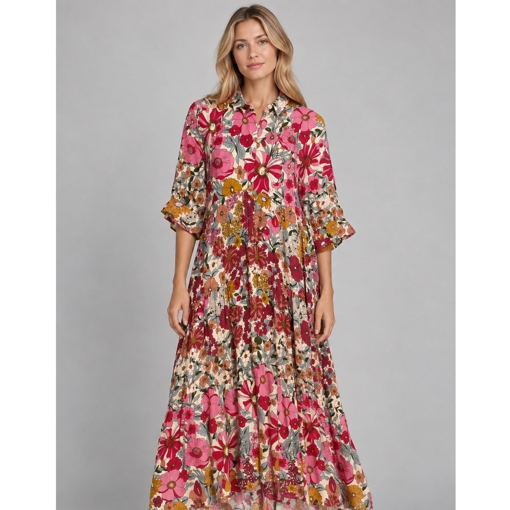 Natural Life Rebecca Midi Dress Womens Large Pink Floral Tiered Resort Preppy